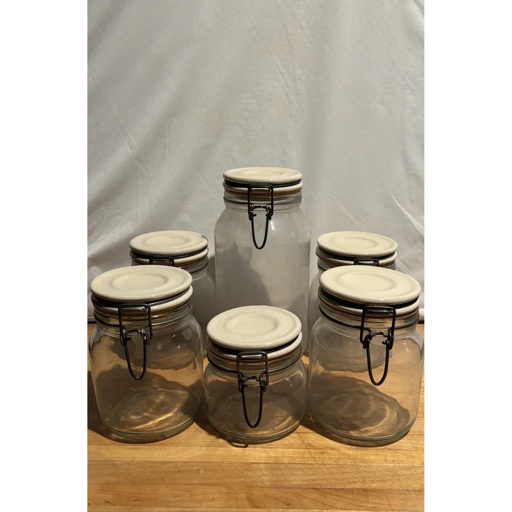 Vintage Anchor Hocking Glass Canister Jars Lot of 6 Ceramic Lids